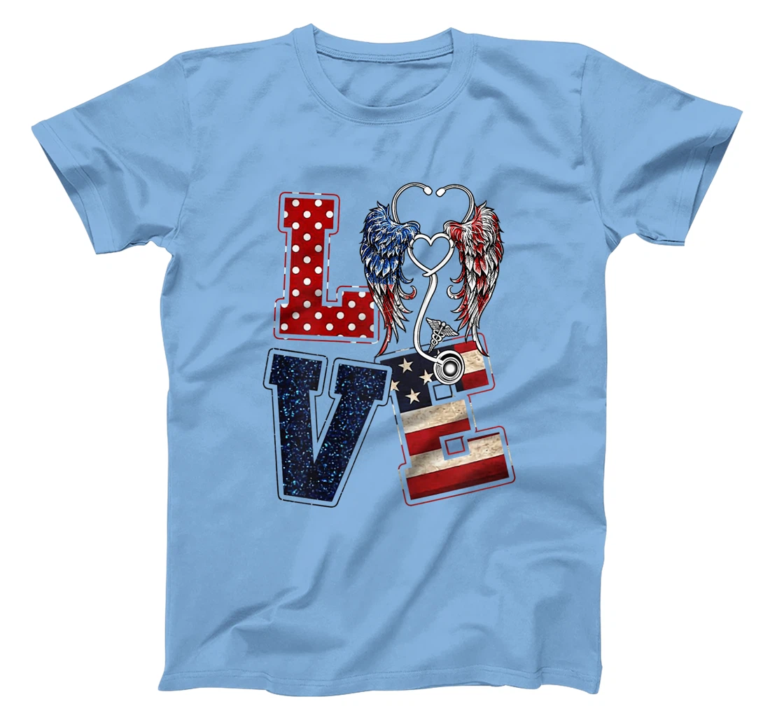 Womens Love Nursing Nurse Angel Wings Stethoscopes US Flag July 4th T-Shirt, Women T-Shirt