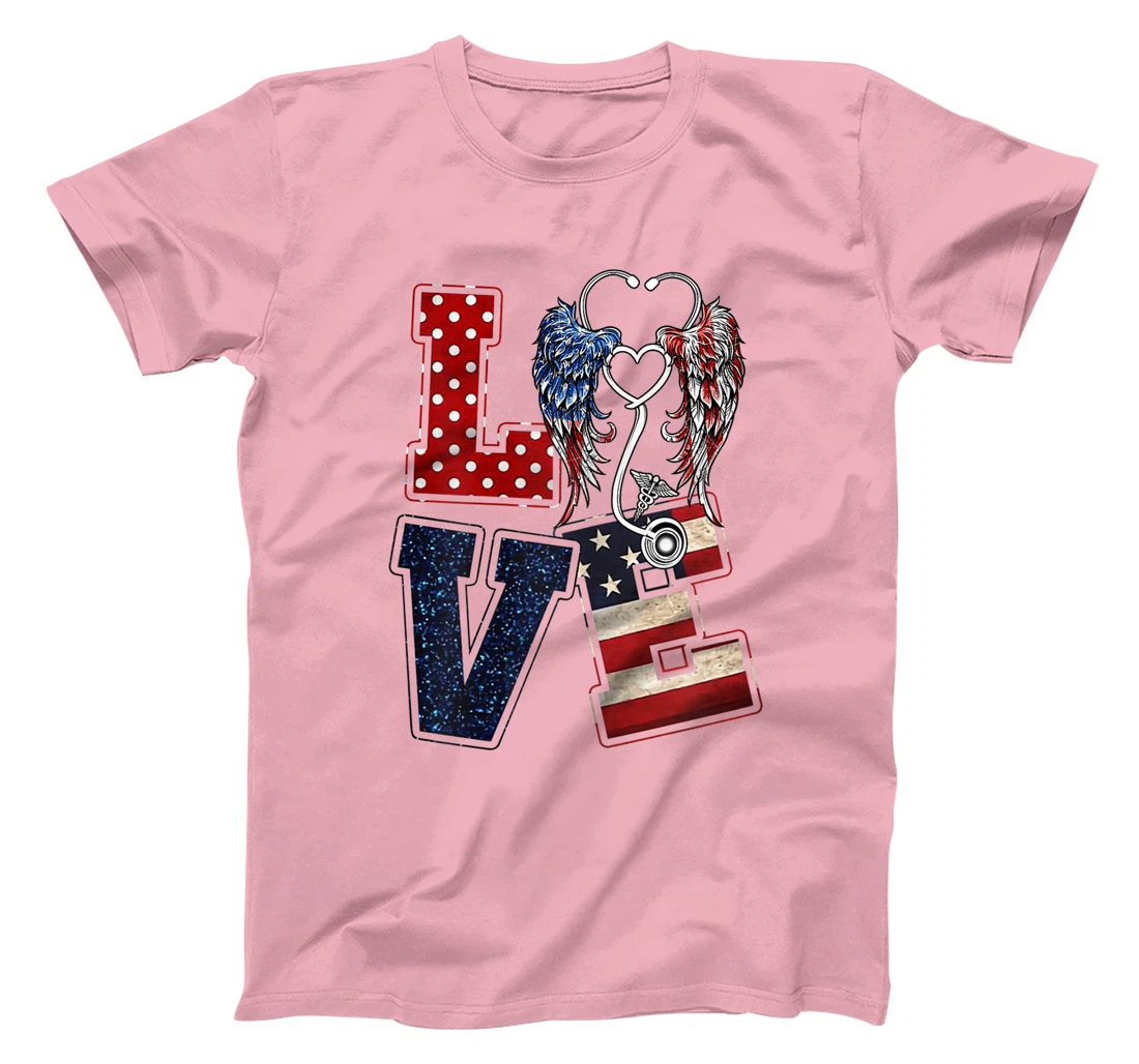 Womens Love Nursing Nurse Angel Wings Stethoscopes US Flag July 4th T-Shirt, Women T-Shirt