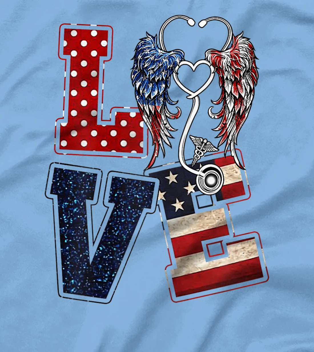 Womens Love Nursing Nurse Angel Wings Stethoscopes US Flag July 4th T-Shirt, Women T-Shirt