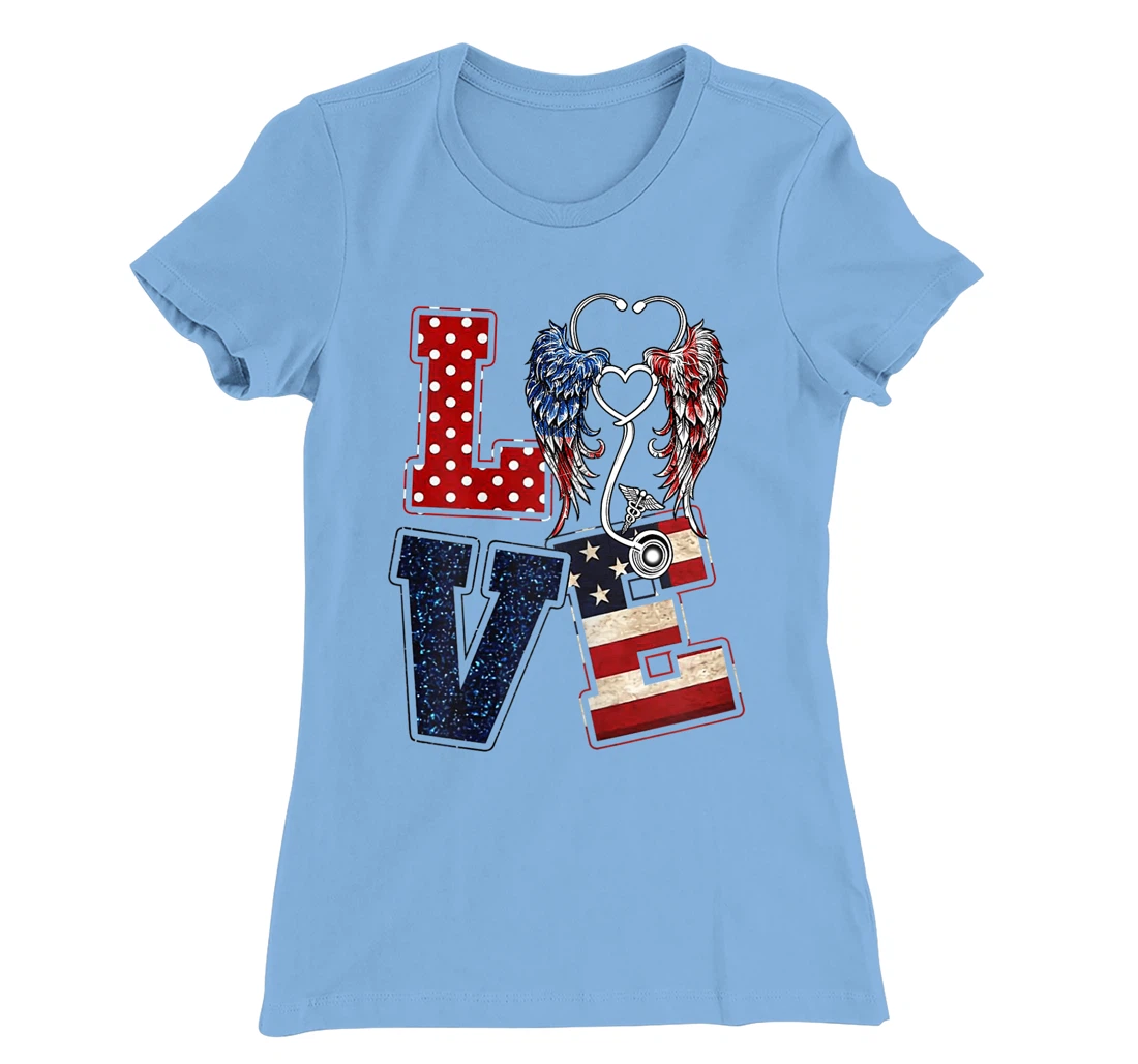 Womens Love Nursing Nurse Angel Wings Stethoscopes US Flag July 4th T-Shirt, Women T-Shirt