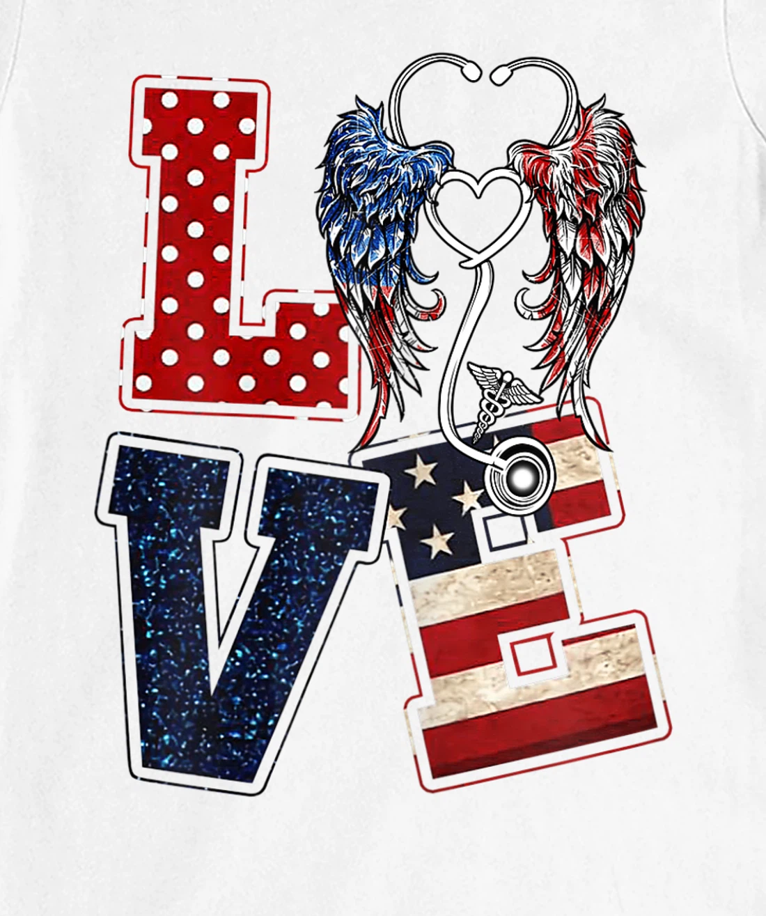 Womens Love Nursing Nurse Angel Wings Stethoscopes US Flag July 4th T-Shirt, Women T-Shirt