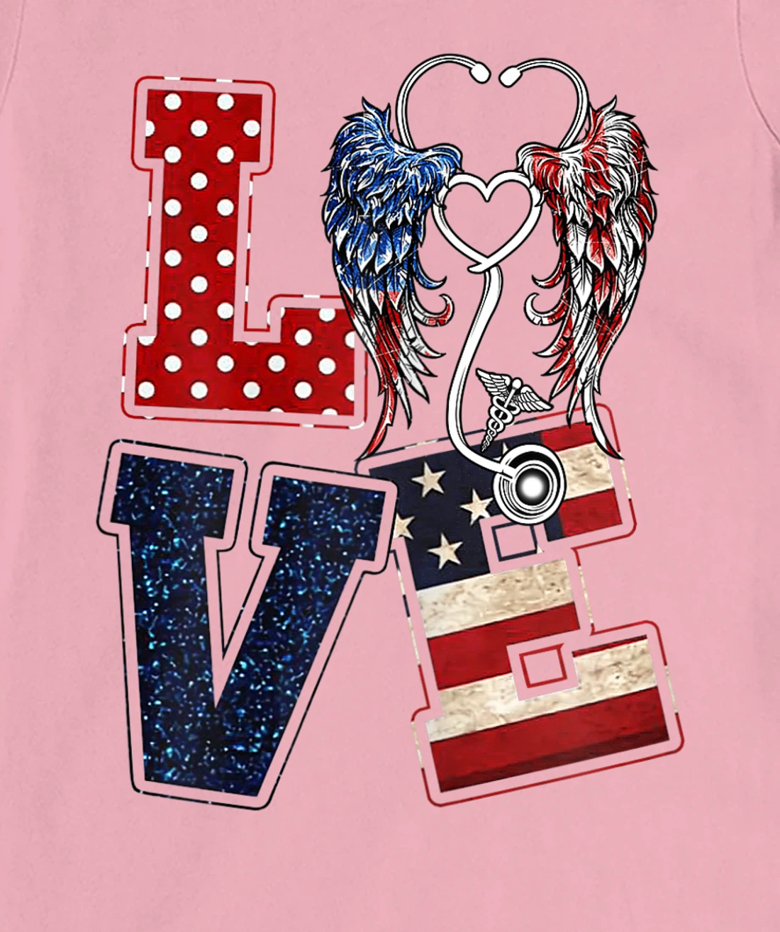 Womens Love Nursing Nurse Angel Wings Stethoscopes US Flag July 4th T-Shirt, Women T-Shirt