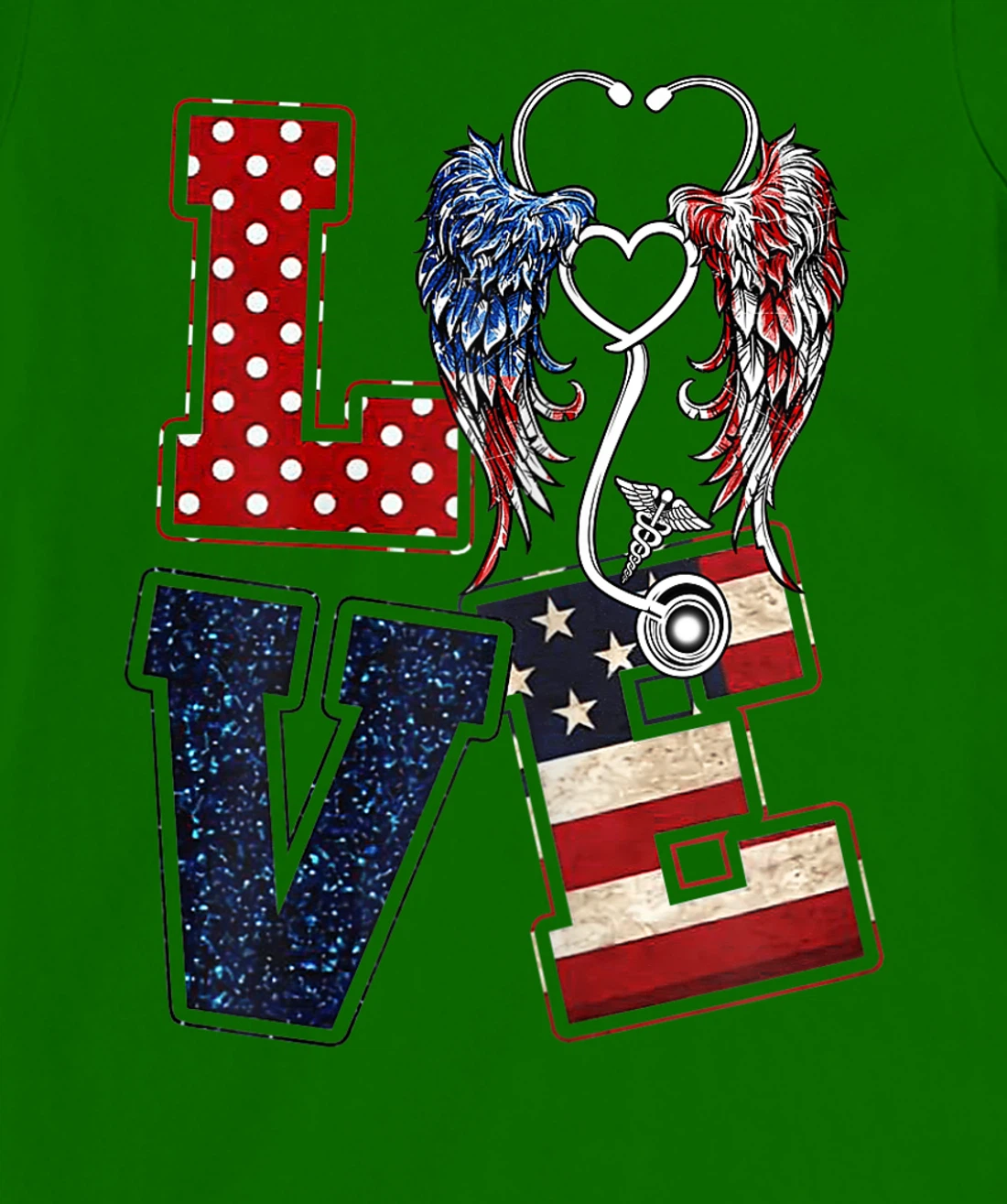Womens Love Nursing Nurse Angel Wings Stethoscopes US Flag July 4th T-Shirt, Women T-Shirt