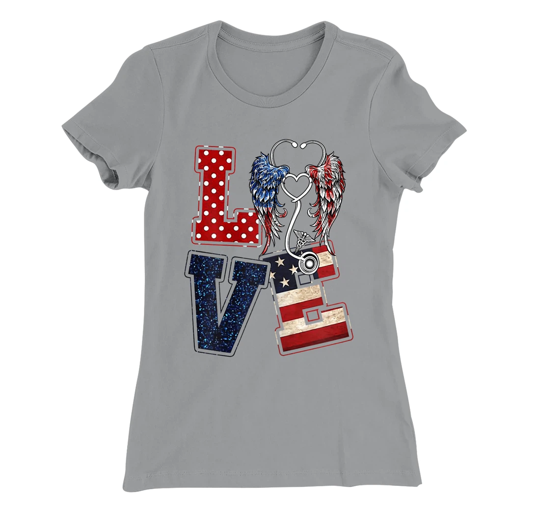Womens Love Nursing Nurse Angel Wings Stethoscopes US Flag July 4th T-Shirt, Women T-Shirt