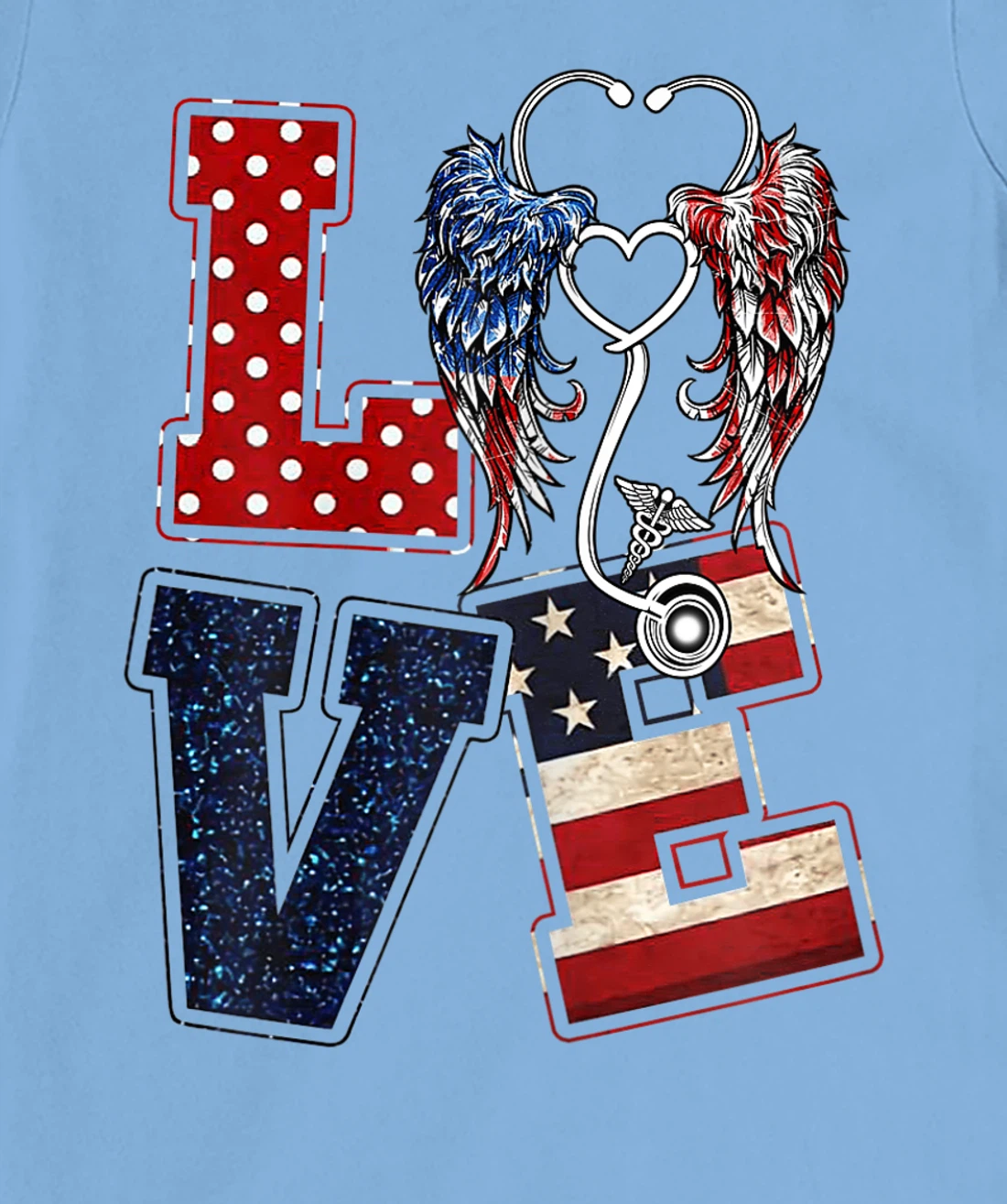 Womens Love Nursing Nurse Angel Wings Stethoscopes US Flag July 4th T-Shirt, Women T-Shirt
