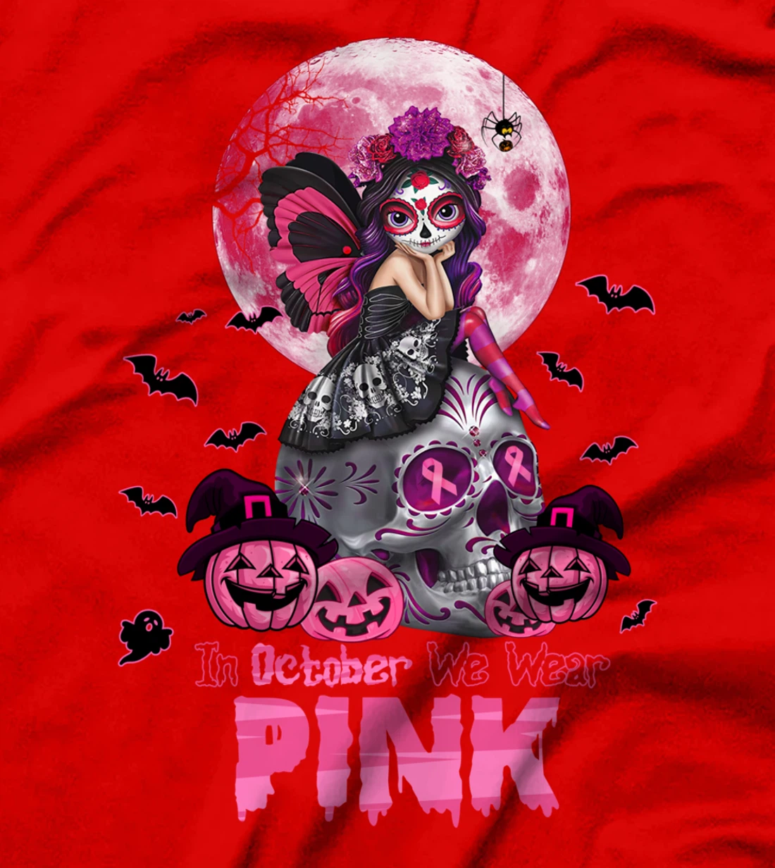 In October we wear pink, sugar skull, breast cancer T-Shirt