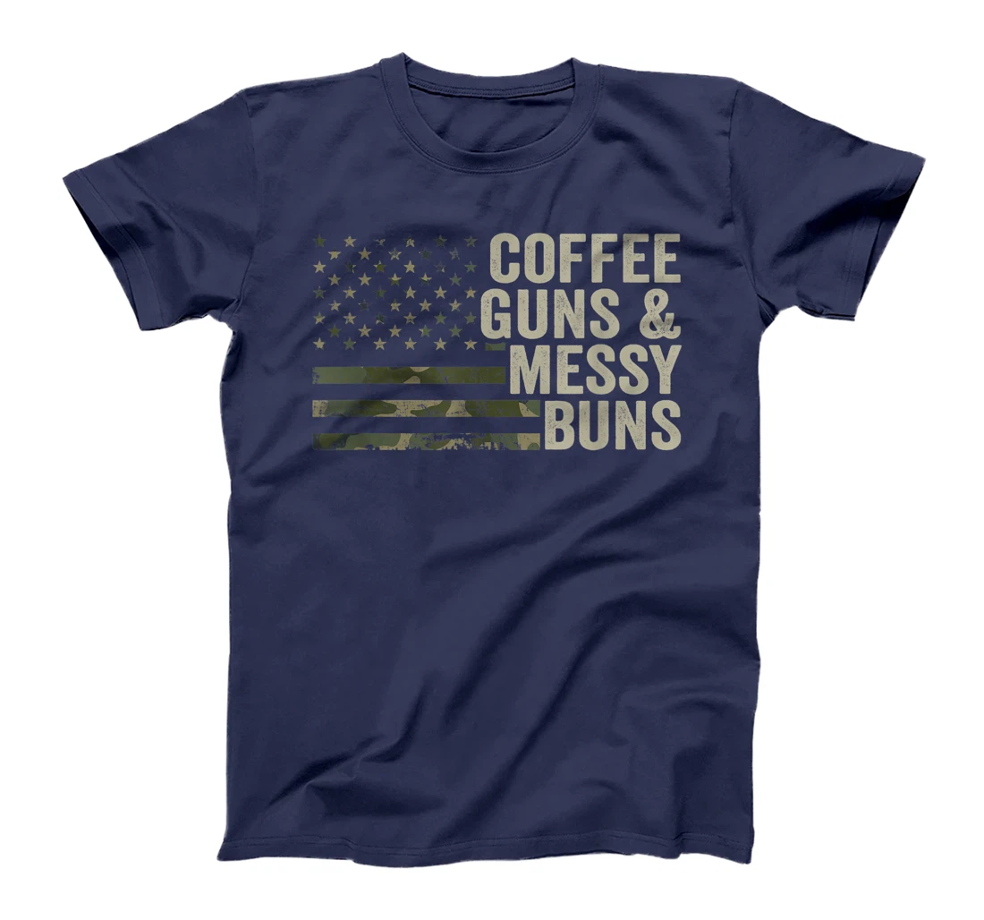 Coffee Guns & Messy Buns - Camo USA Flag Womens Gun Owner T-Shirt, Women T-Shirt