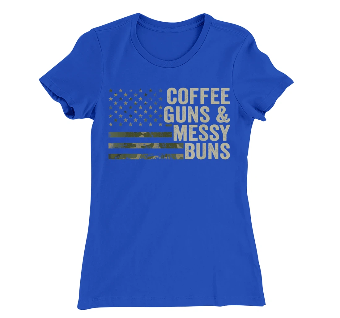 Coffee Guns & Messy Buns - Camo USA Flag Womens Gun Owner T-Shirt, Women T-Shirt