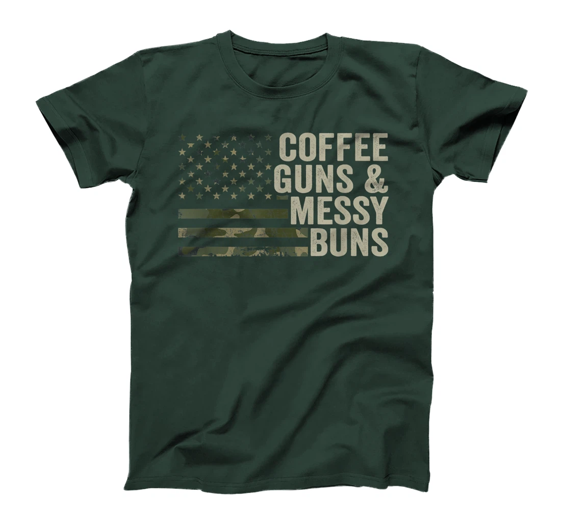 Coffee Guns & Messy Buns - Camo USA Flag Womens Gun Owner T-Shirt, Women T-Shirt