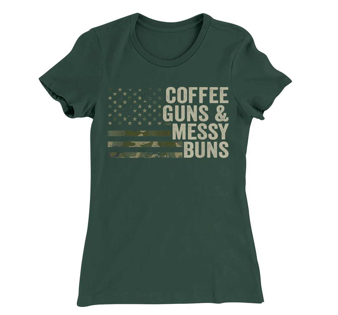 Coffee Guns & Messy Buns - Camo USA Flag Womens Gun Owner T-Shirt, Women T-Shirt