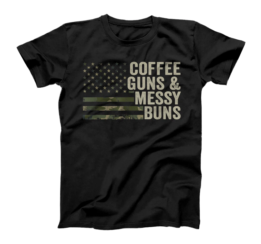 Coffee Guns & Messy Buns - Camo USA Flag Womens Gun Owner T-Shirt, Women T-Shirt