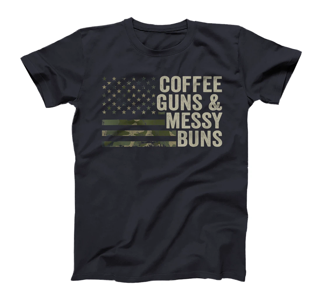 Coffee Guns & Messy Buns - Camo USA Flag Womens Gun Owner T-Shirt, Women T-Shirt