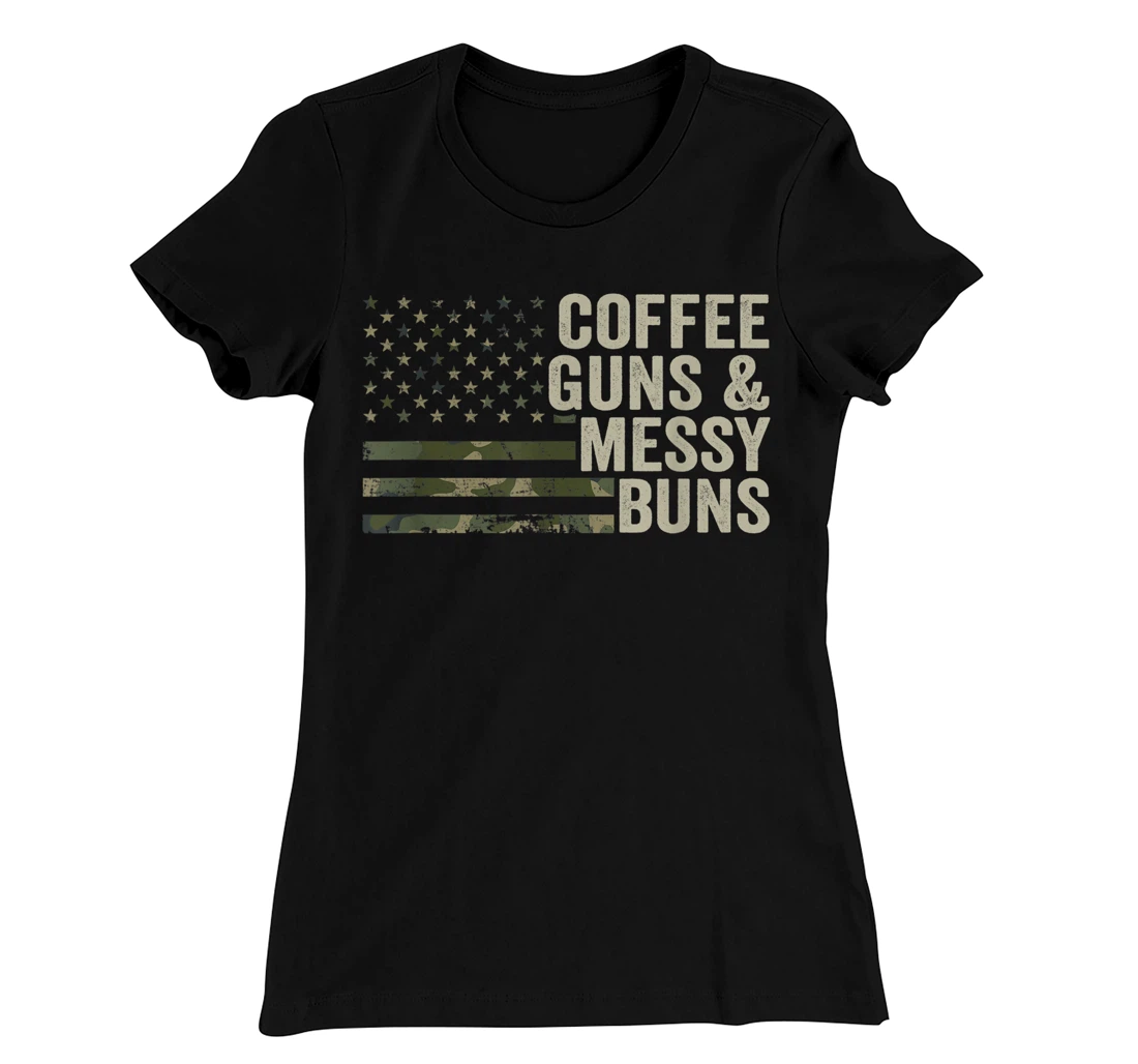 Coffee Guns & Messy Buns - Camo USA Flag Womens Gun Owner T-Shirt, Women T-Shirt