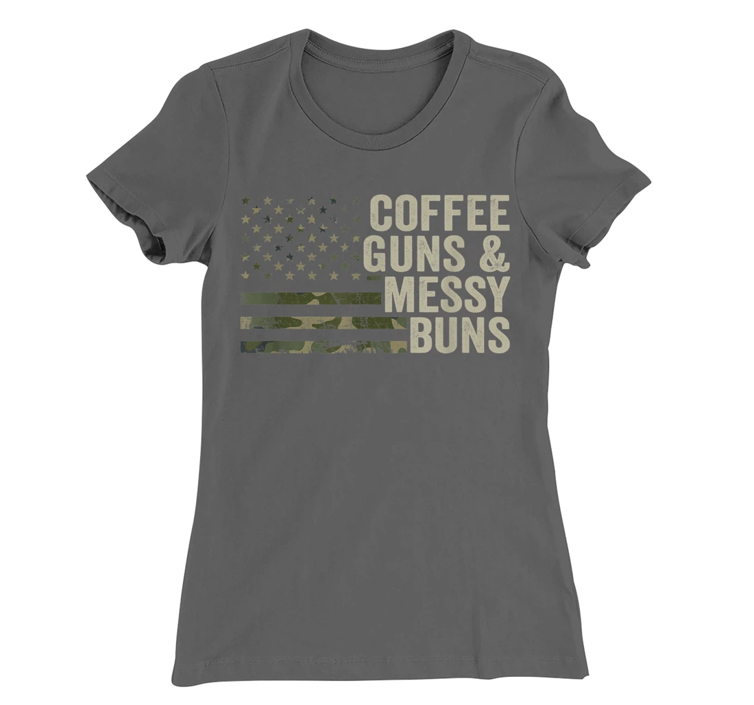 Coffee Guns & Messy Buns - Camo USA Flag Womens Gun Owner T-Shirt, Women T-Shirt