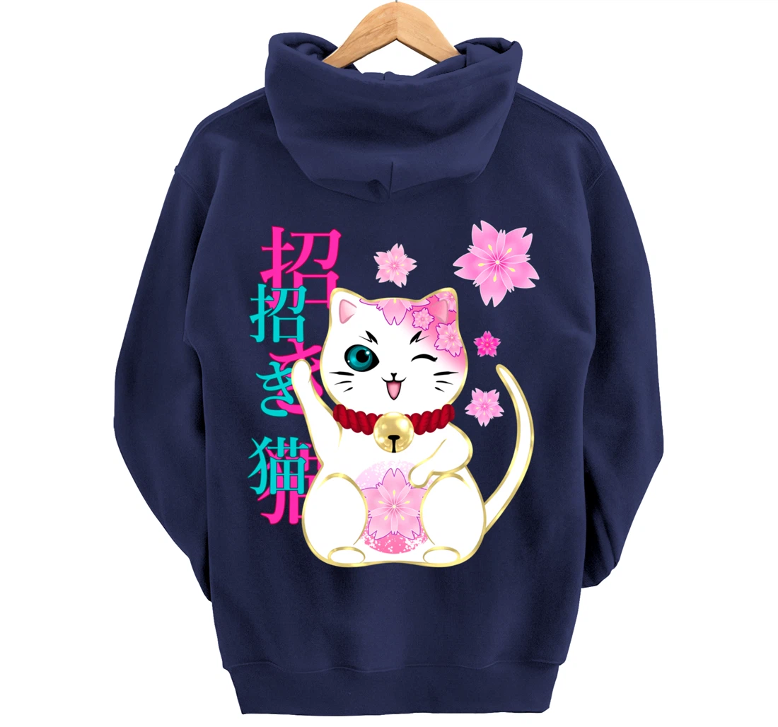 Maneki Neko Cat Lucky Cat Women Men Girls Floral Pullover Hoodie