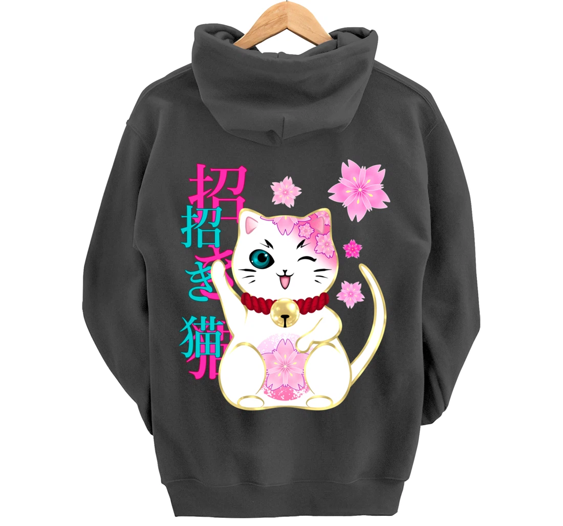 Maneki Neko Cat Lucky Cat Women Men Girls Floral Pullover Hoodie