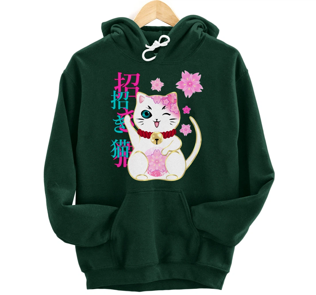 Maneki Neko Cat Lucky Cat Women Men Girls Floral Pullover Hoodie