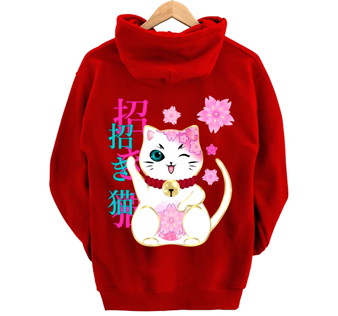Maneki Neko Cat Lucky Cat Women Men Girls Floral Pullover Hoodie