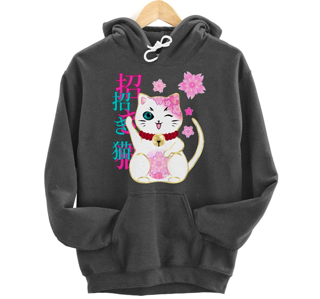 Maneki Neko Cat Lucky Cat Women Men Girls Floral Pullover Hoodie
