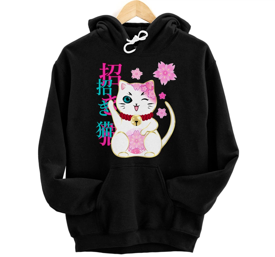 Maneki Neko Cat Lucky Cat Women Men Girls Floral Pullover Hoodie