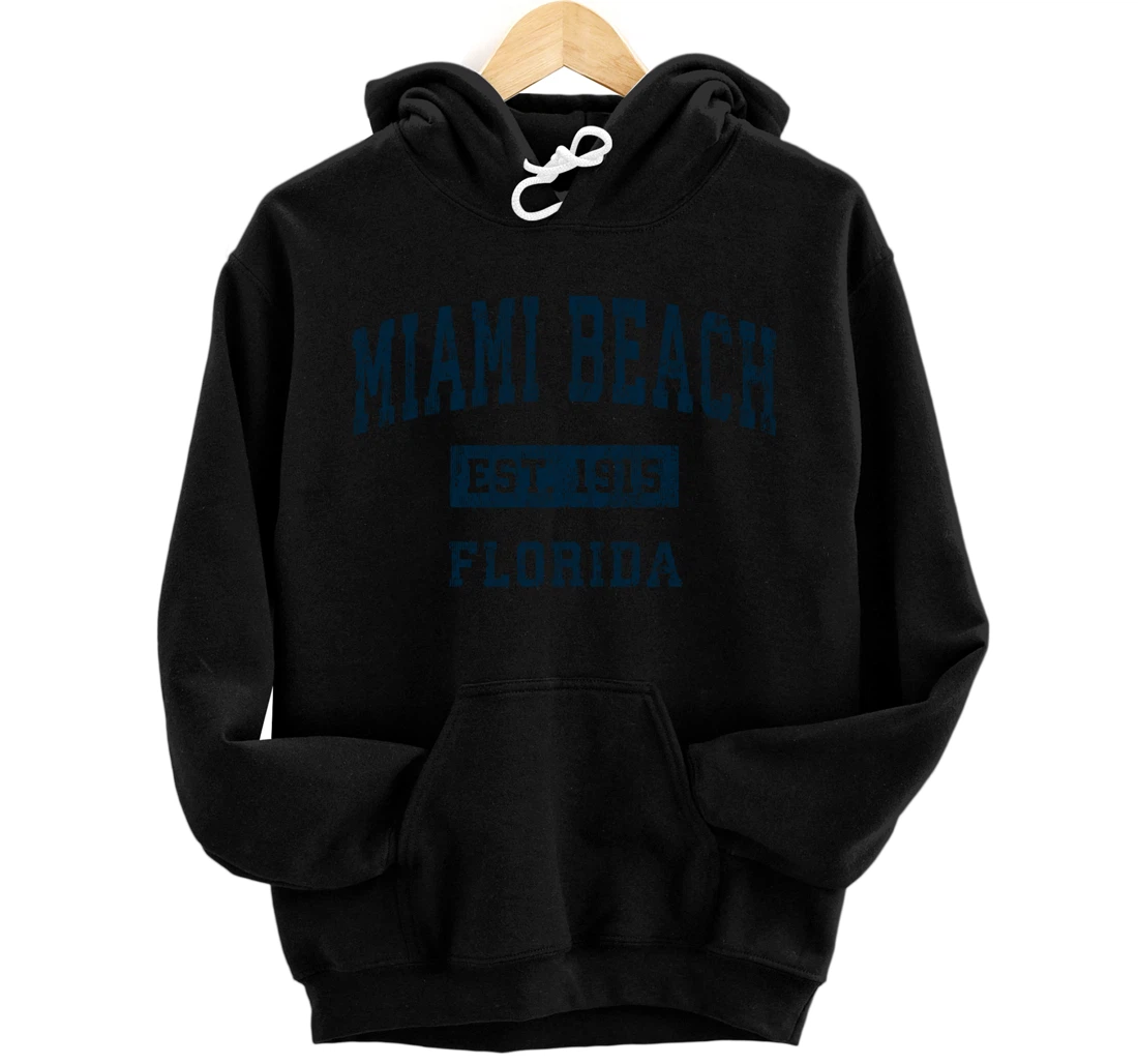Miami Beach Florida FL Vintage Sports Design Navy Print Pullover Hoodie