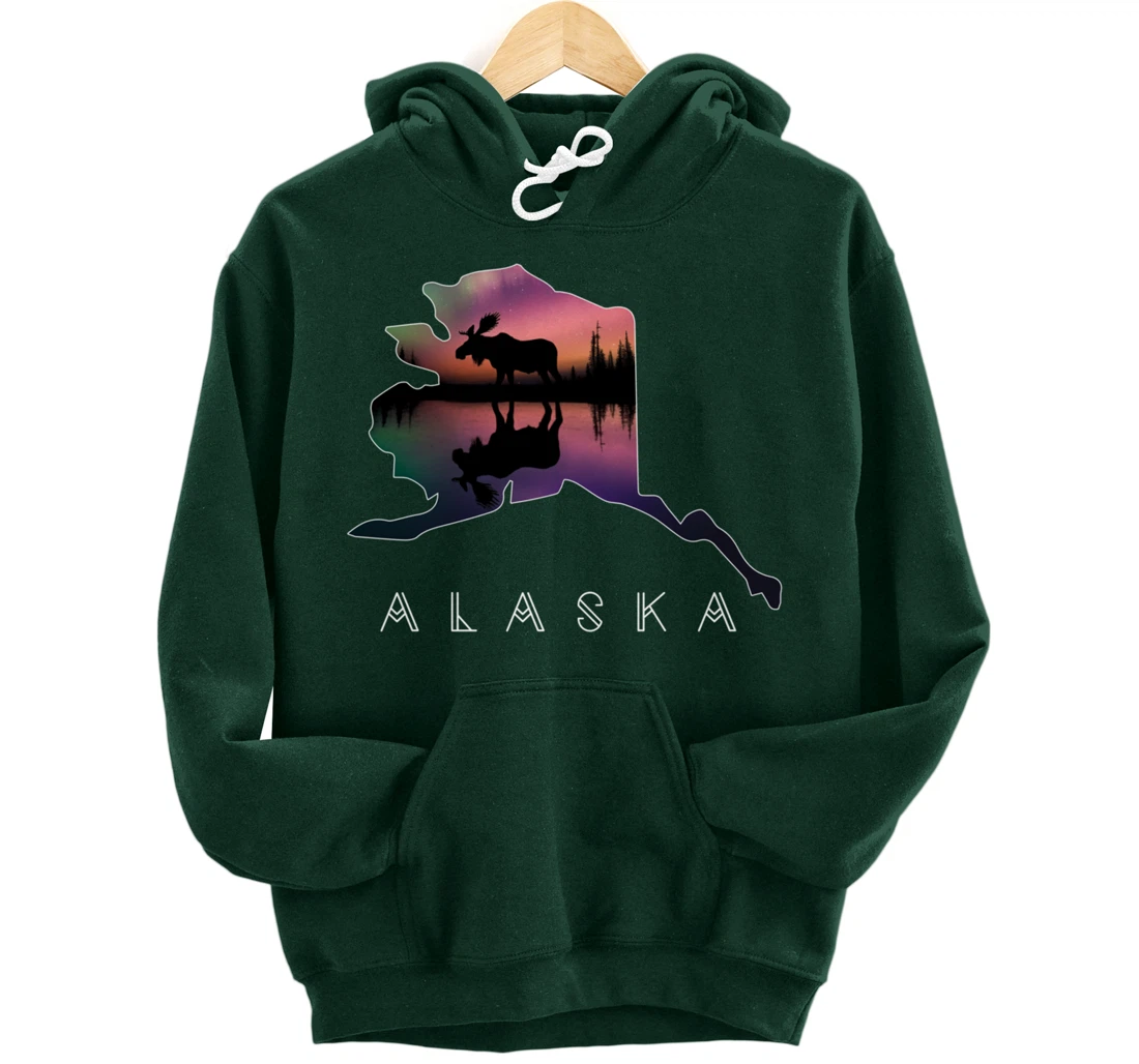 Alaskan Moose Aurora Borealis Alaska State & Landscape Pullover Hoodie