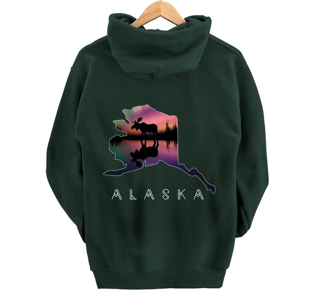 Alaskan Moose Aurora Borealis Alaska State & Landscape Pullover Hoodie