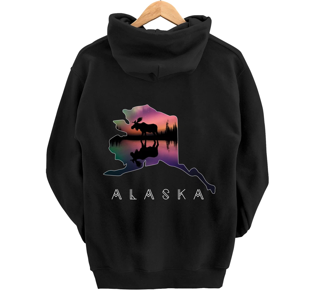 Alaskan Moose Aurora Borealis Alaska State & Landscape Pullover Hoodie