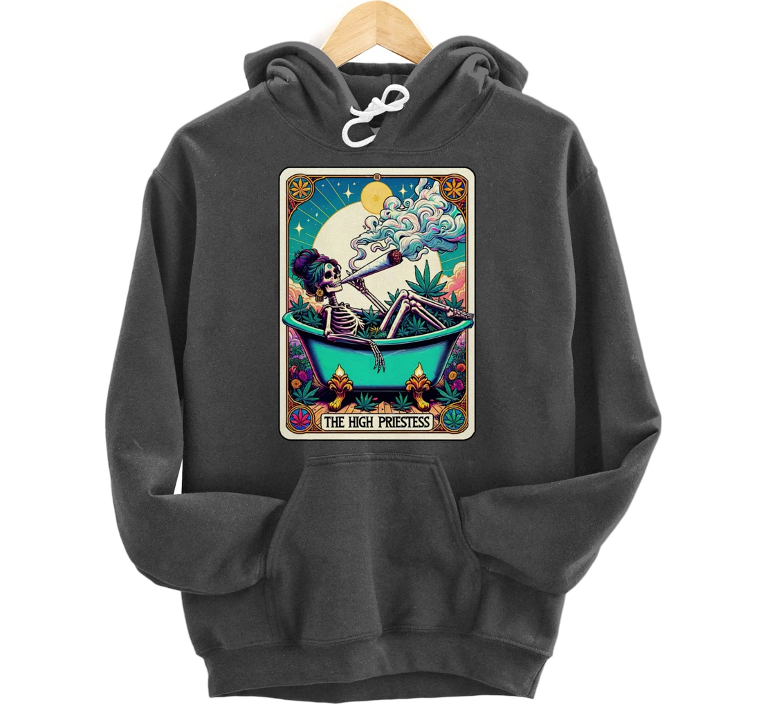 The High Pries-tess Tarot Card 420 Cannabis Witchy Skeleton Pullover Hoodie