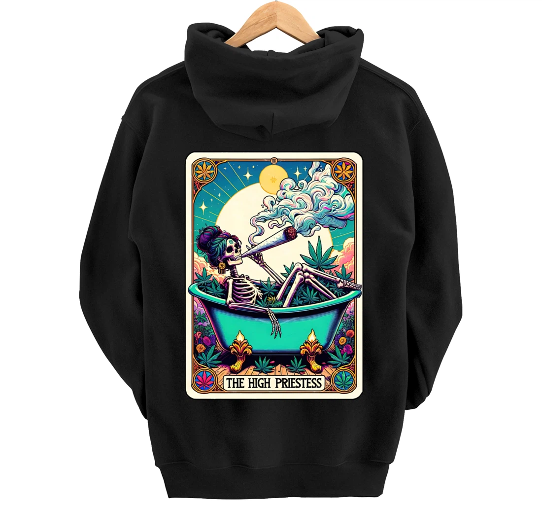 The High Pries-tess Tarot Card 420 Cannabis Witchy Skeleton Pullover Hoodie