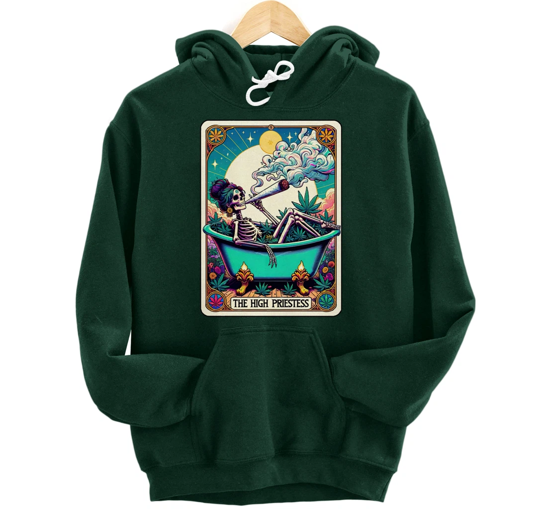 The High Pries-tess Tarot Card 420 Cannabis Witchy Skeleton Pullover Hoodie