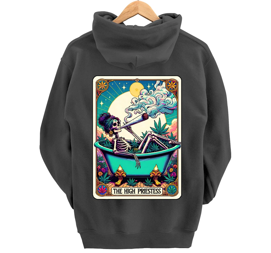 The High Pries-tess Tarot Card 420 Cannabis Witchy Skeleton Pullover Hoodie