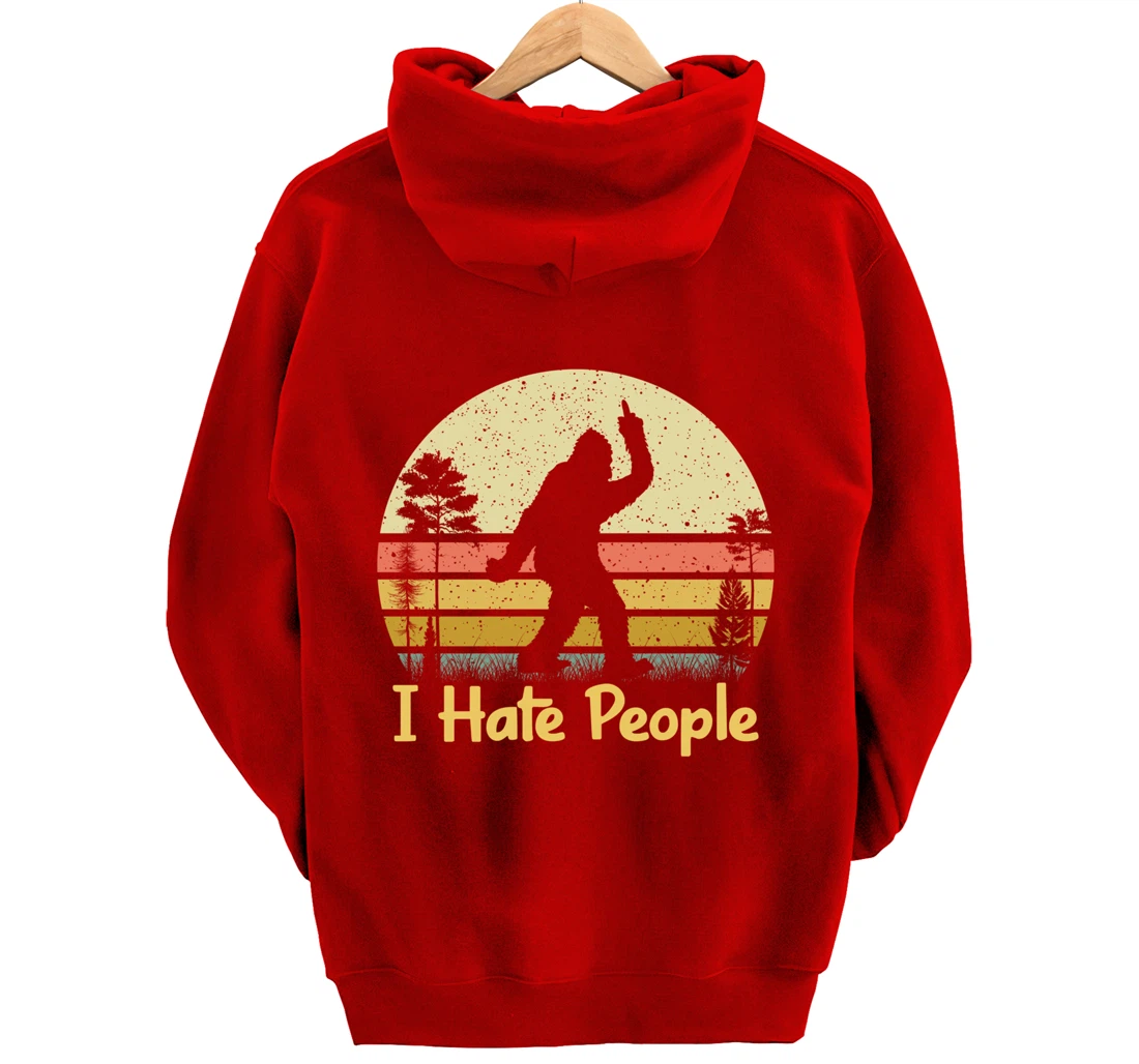 Retro Camping, Bigfoot Sasquatch Middle Finger I Hate People Pullover Hoodie