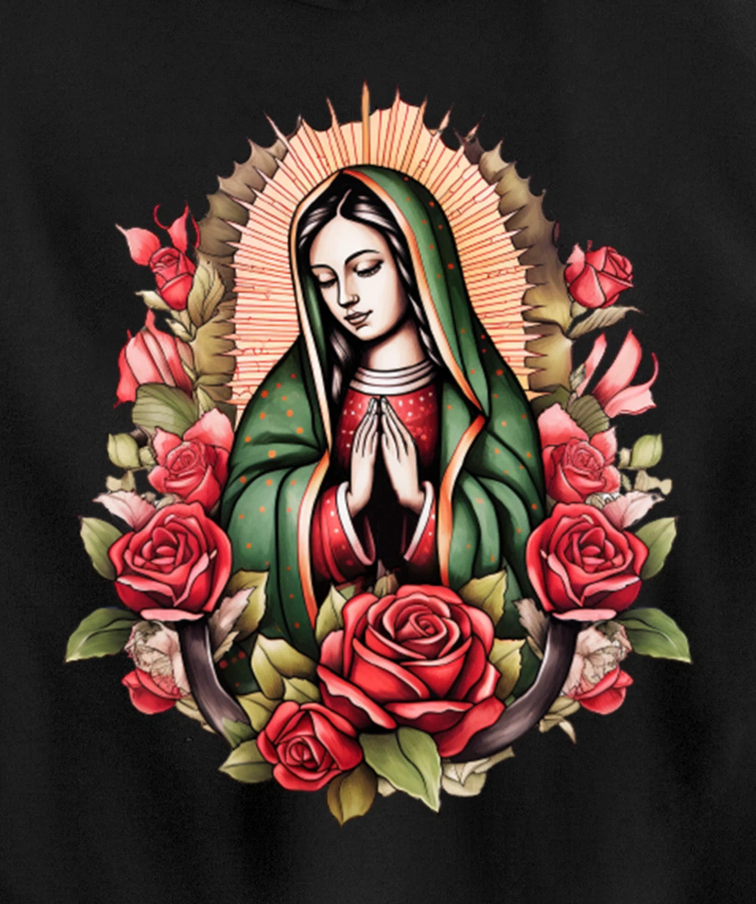 Our Lady Virgen De Guadalupe Virgin Mary Floral Pullover Hoodie