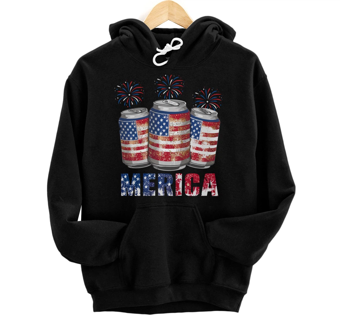 Beer American Flag Funny 4th Of July Merica USA Drinking Men Pullover Hoodie