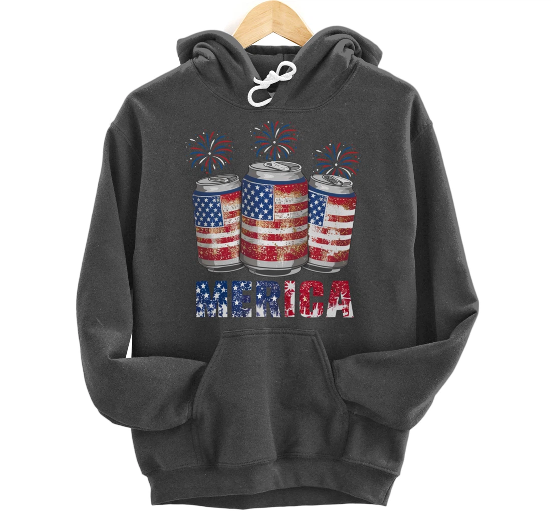 Beer American Flag Funny 4th Of July Merica USA Drinking Men Pullover Hoodie