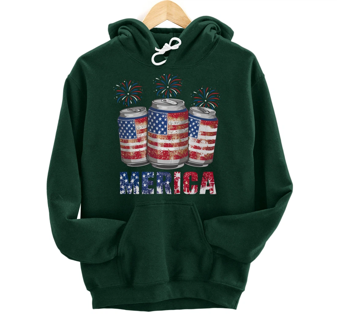 Beer American Flag Funny 4th Of July Merica USA Drinking Men Pullover Hoodie