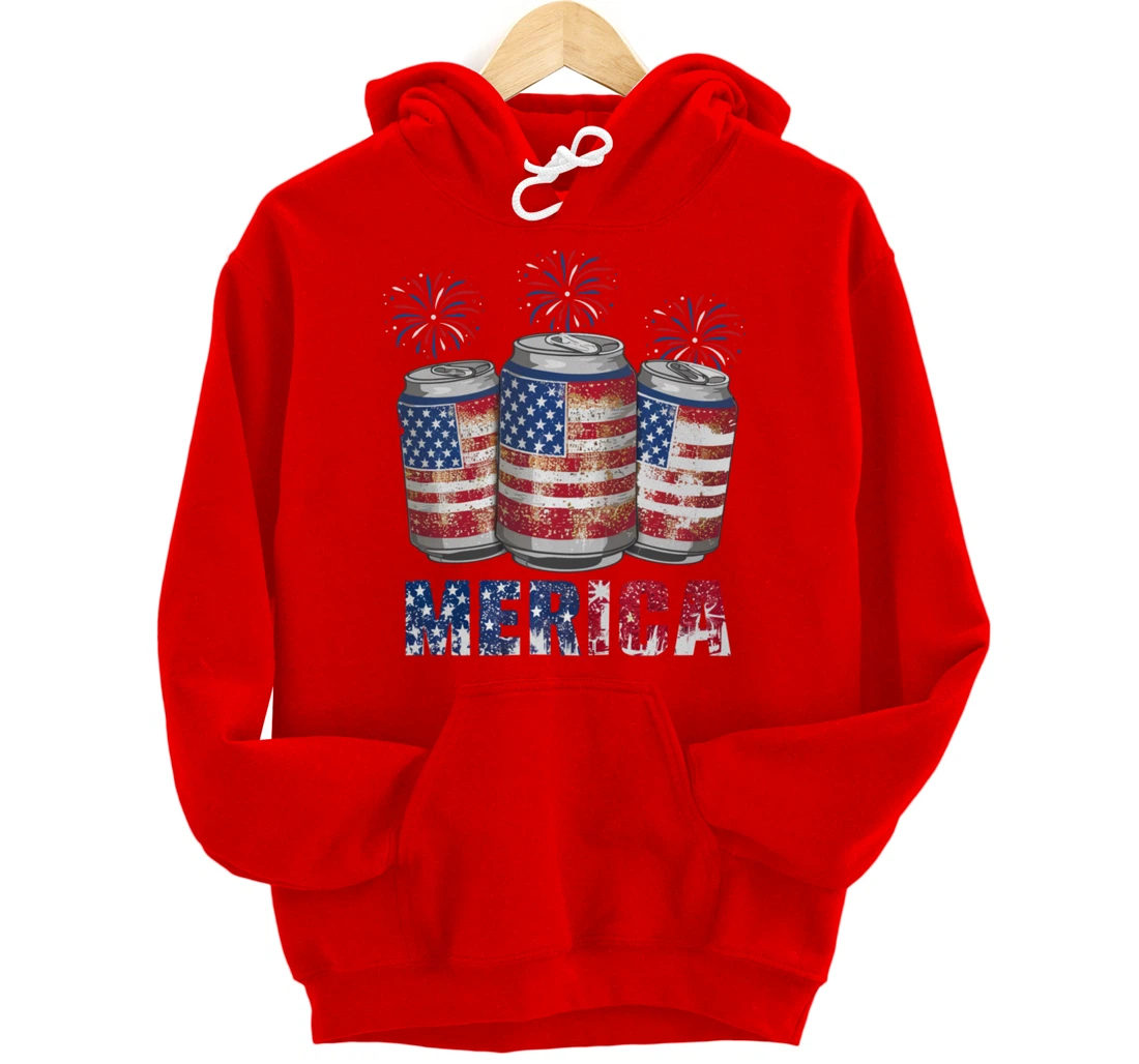 Beer American Flag Funny 4th Of July Merica USA Drinking Men Pullover Hoodie