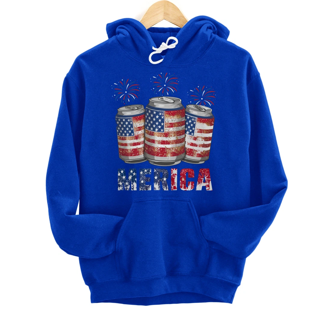 Beer American Flag Funny 4th Of July Merica USA Drinking Men Pullover Hoodie