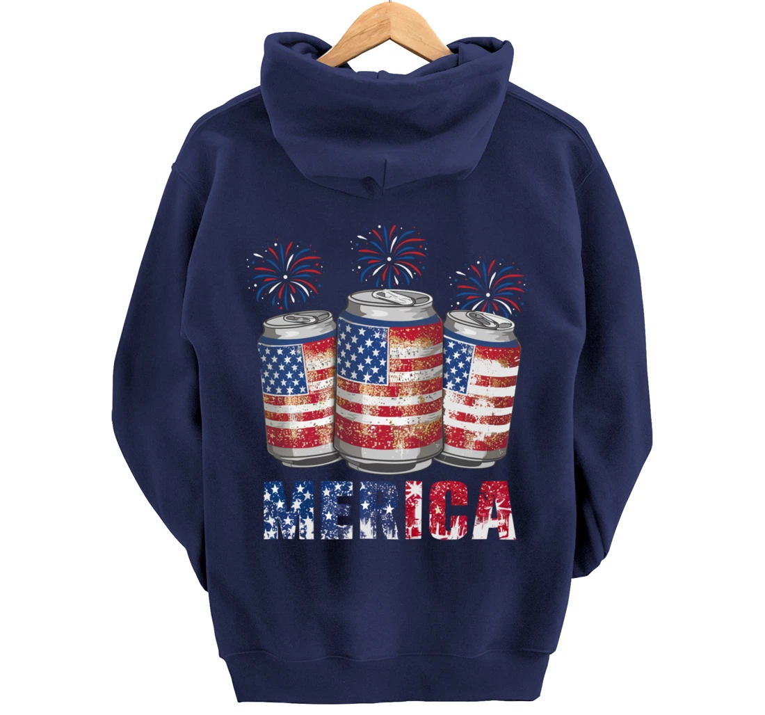 Beer American Flag Funny 4th Of July Merica USA Drinking Men Pullover Hoodie