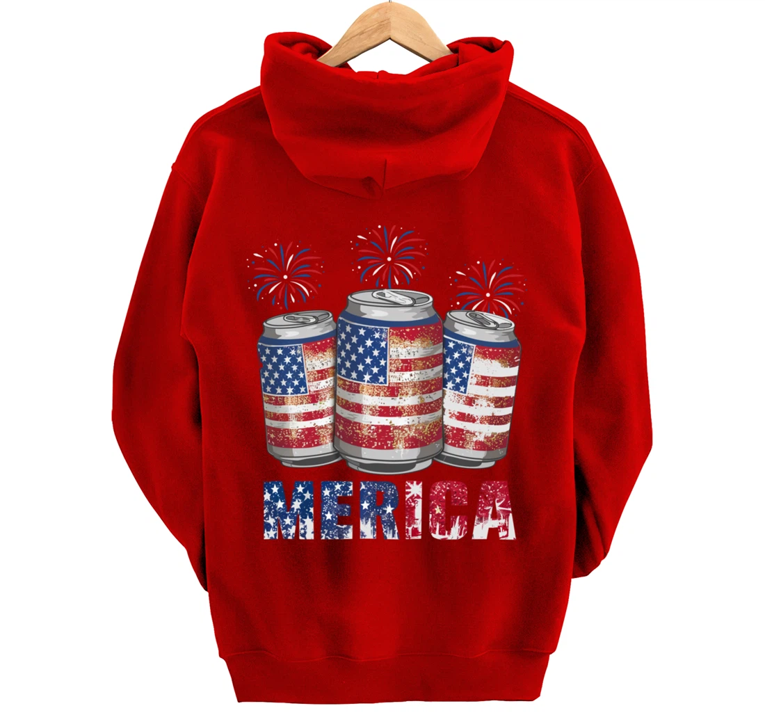 Beer American Flag Funny 4th Of July Merica USA Drinking Men Pullover Hoodie