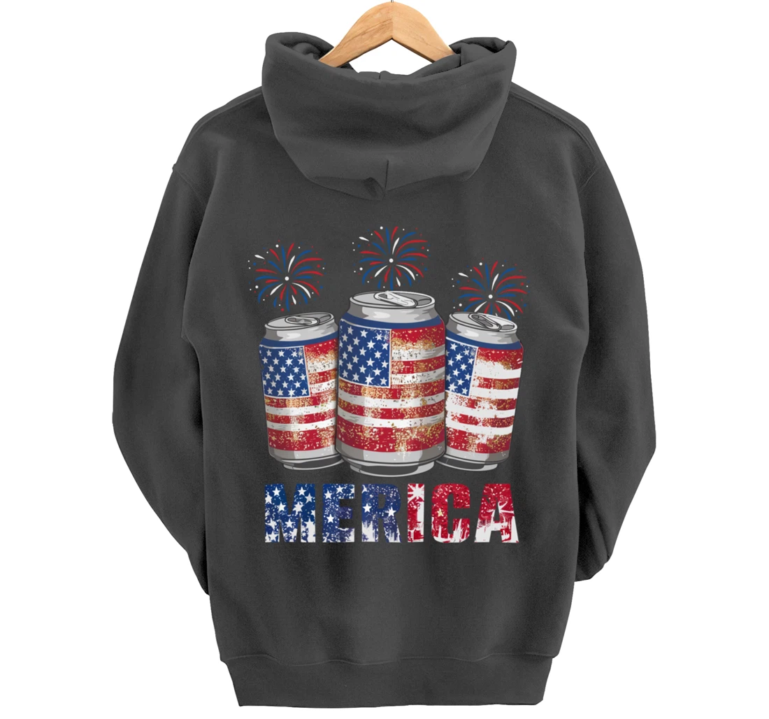 Beer American Flag Funny 4th Of July Merica USA Drinking Men Pullover Hoodie