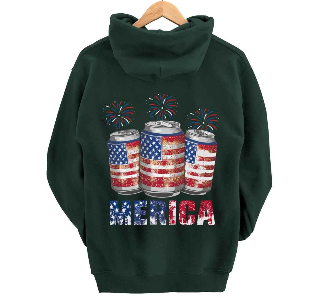 Beer American Flag Funny 4th Of July Merica USA Drinking Men Pullover Hoodie