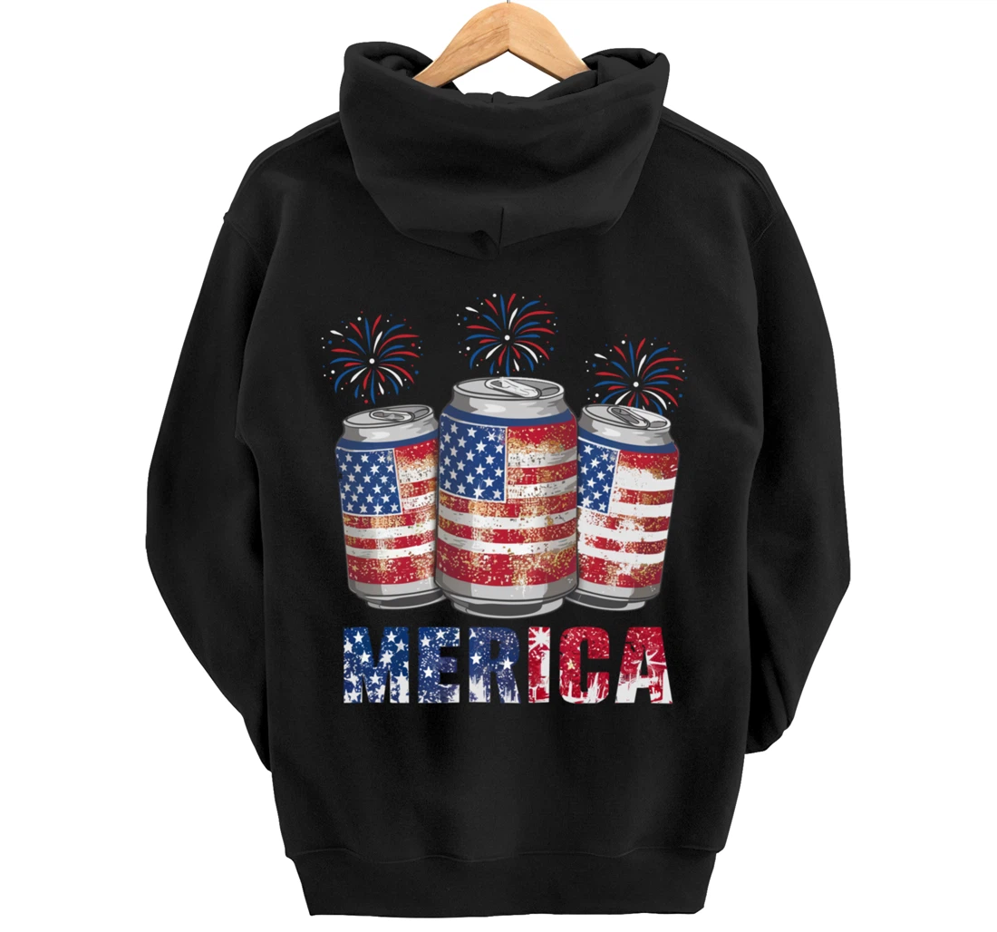 Beer American Flag Funny 4th Of July Merica USA Drinking Men Pullover Hoodie
