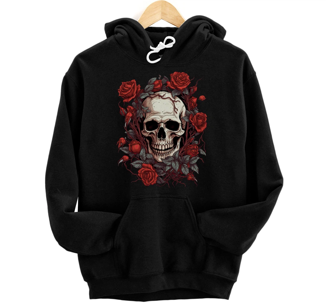 Rose Skeleton Skull Hand Red Flower rose Pullover Hoodie