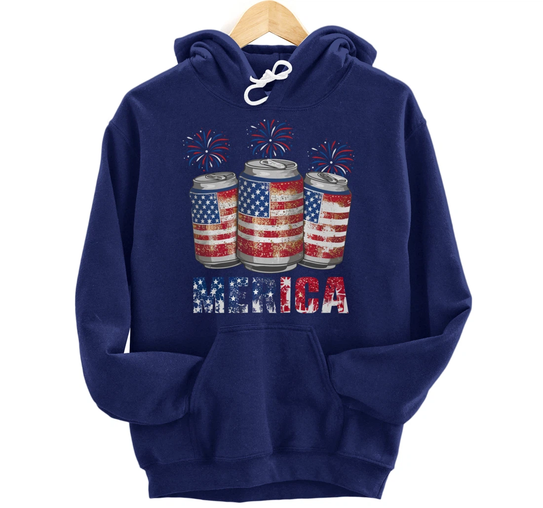 Beer American Flag Funny 4th Of July Merica USA Drinking Men Pullover Hoodie