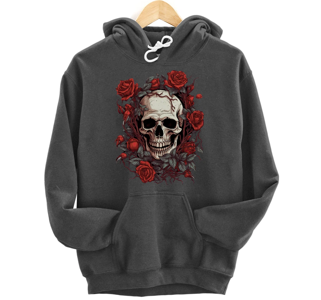 Rose Skeleton Skull Hand Red Flower rose Pullover Hoodie