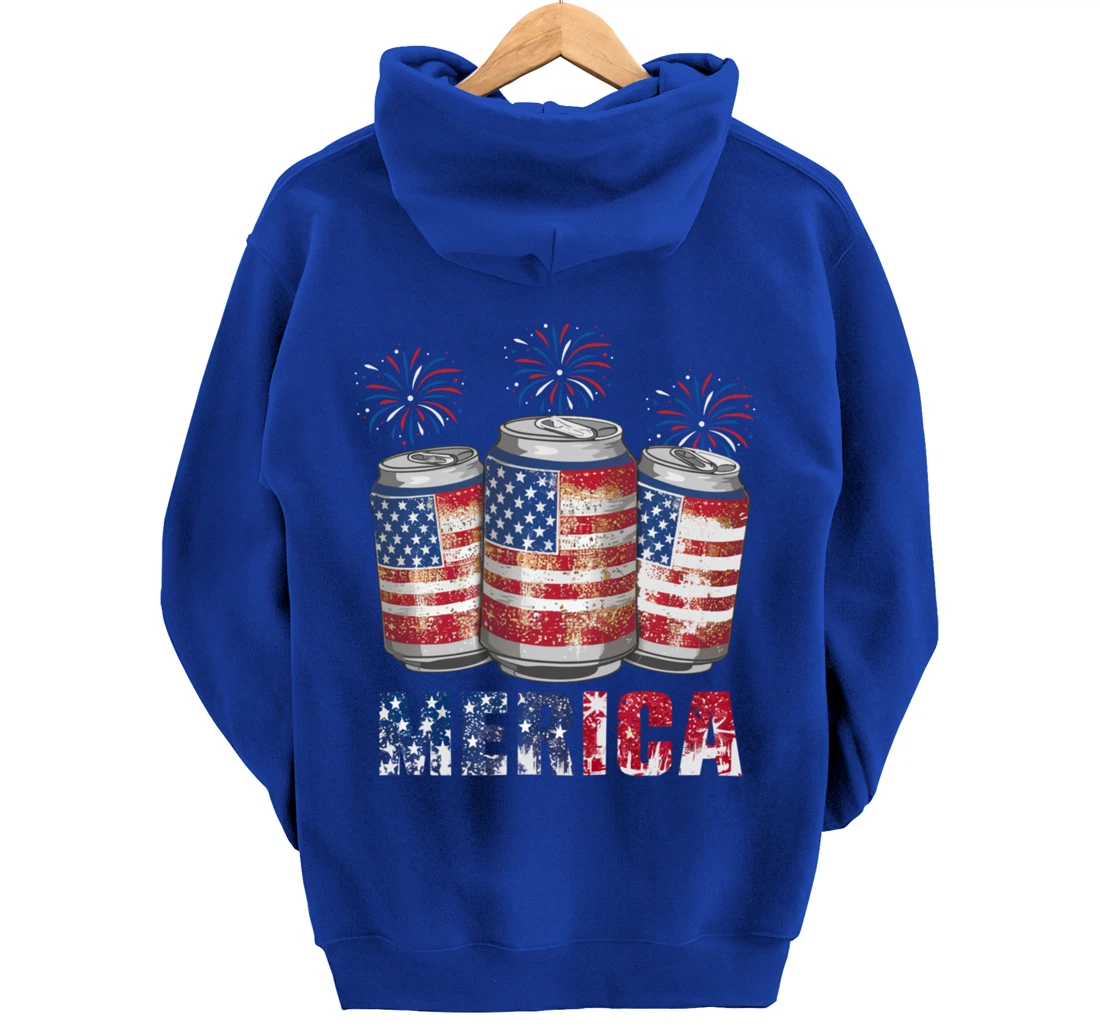Beer American Flag Funny 4th Of July Merica USA Drinking Men Pullover Hoodie