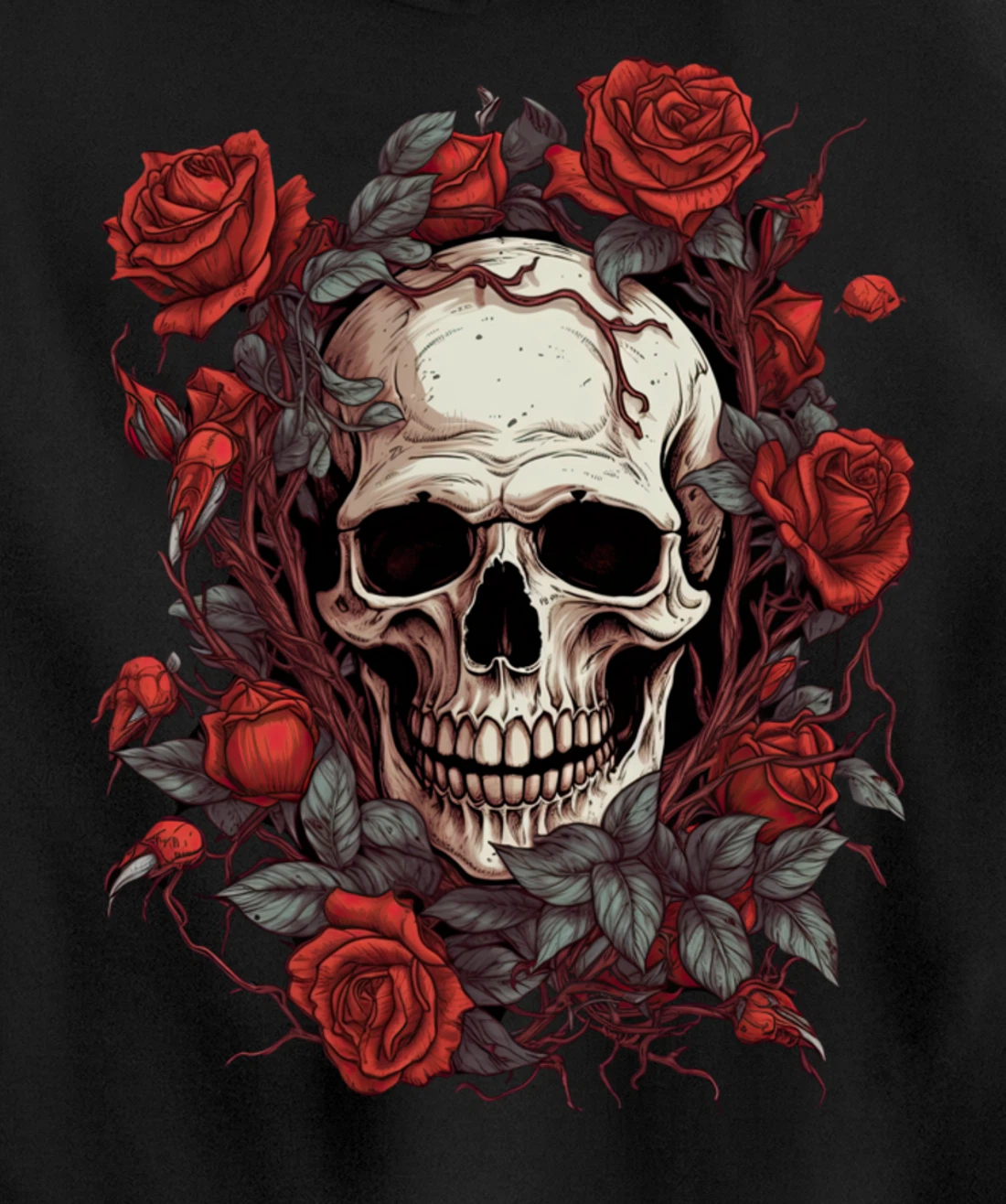 Rose Skeleton Skull Hand Red Flower rose Pullover Hoodie