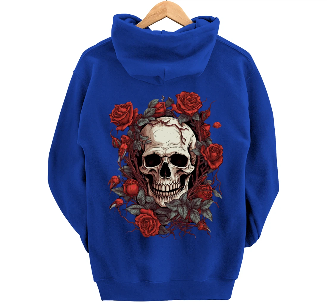 Rose Skeleton Skull Hand Red Flower rose Pullover Hoodie